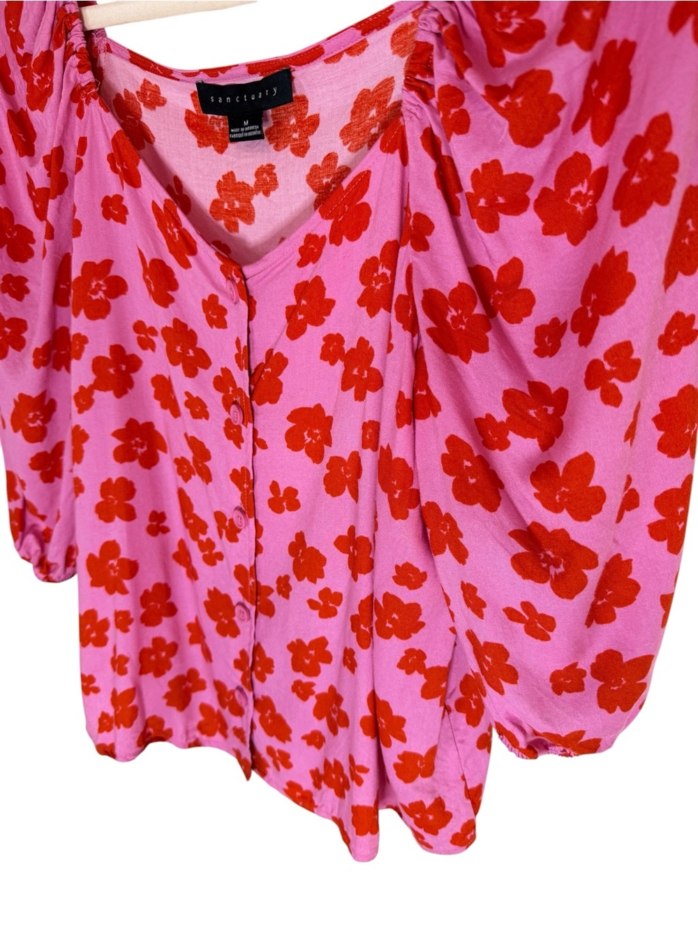 Sanctuary Pink Red Floral Button Front Puff Sleeve Blouse Medium - Picture 3 of 8